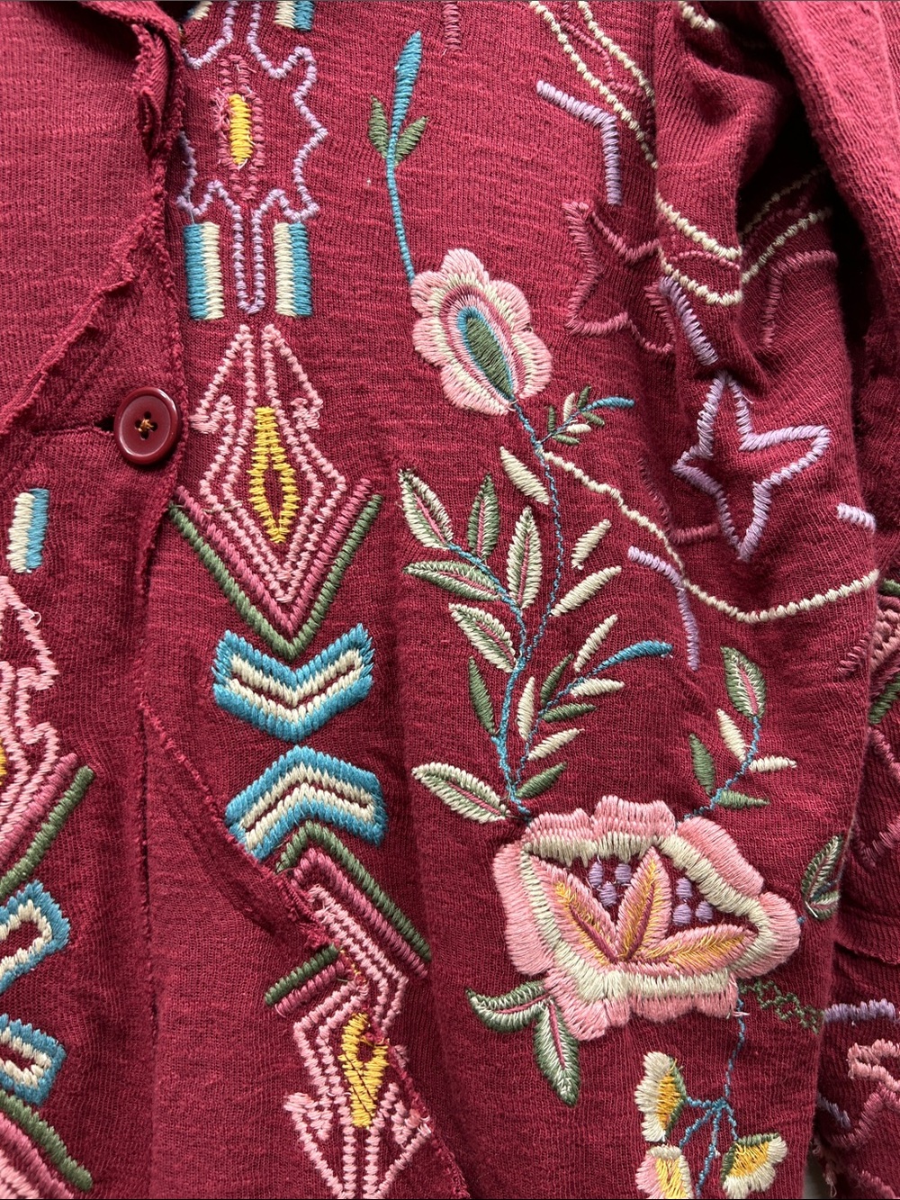 Coldwater Creek Burgundy Oversized Floral Embroidered Cardigan - Picture 6 of 14